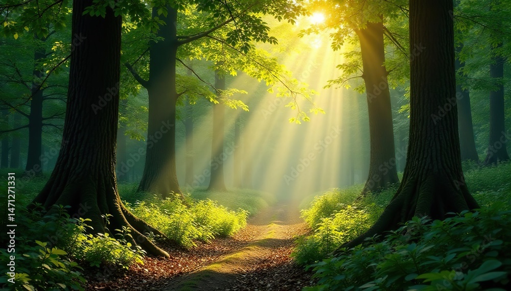 Obraz premium Serene forest scene, sunlight dappling through leaves , environment, air, fresh