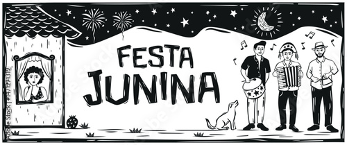 Poster for the 'FESTA JUNINA', a typical Brazilian June festival. With a woman in the window and musicians playing the accordion. Woodcut style.