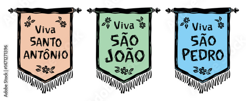Set of colorful pennants in woodcut style, for the June festival of Saint John, Saint Peter and Saint Anthony. Illustration in the style of Brazilian cordel.