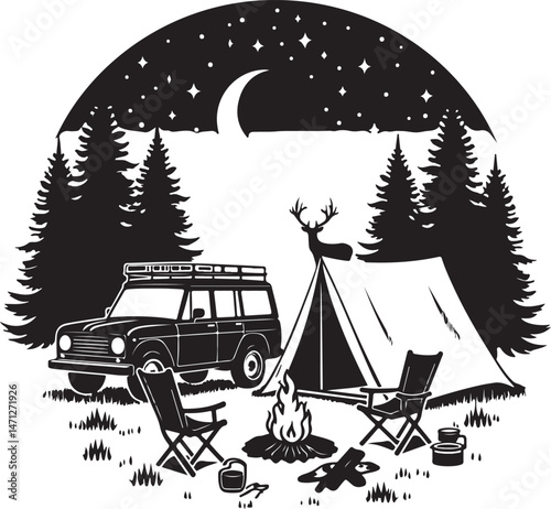 Tent Under the Stars Silhouette

Campfire Night Scene Vector

Family Camping Trip Silhouette Art

Forest Camping with Mountains Background

Adventure Camping Scene in Wilderness