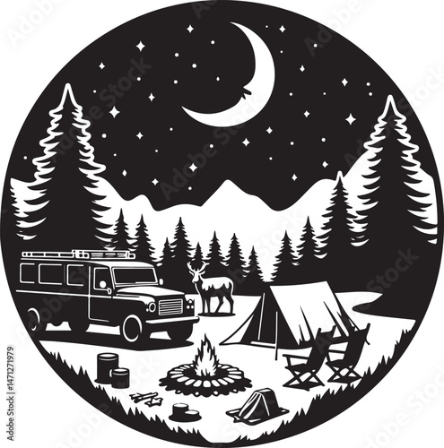 Tent Under the Stars Silhouette

Campfire Night Scene Vector

Family Camping Trip Silhouette Art

Forest Camping with Mountains Background

Adventure Camping Scene in Wilderness