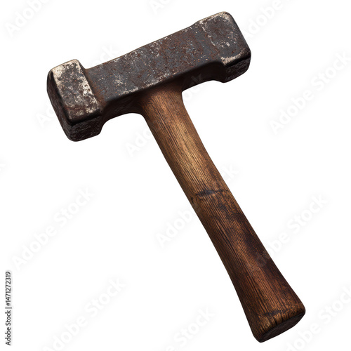 Vintage blacksmith hammer tool with wooden handle close up view on transparent background