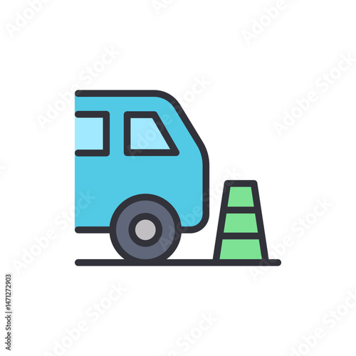 Stylized delivery truck with hazard cone depicting road work or safety
