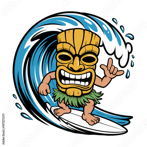 Tiki Surfer Riding Ocean Wave Illustration
