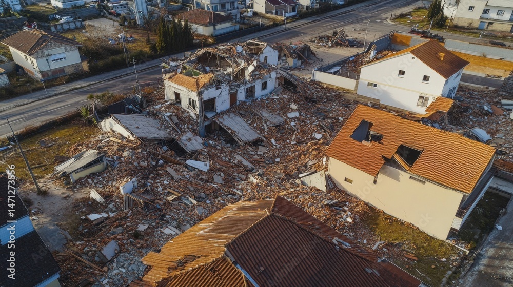Fototapeta premium Aerial View of Destroyed Buildings After Natural Disaster Impact
