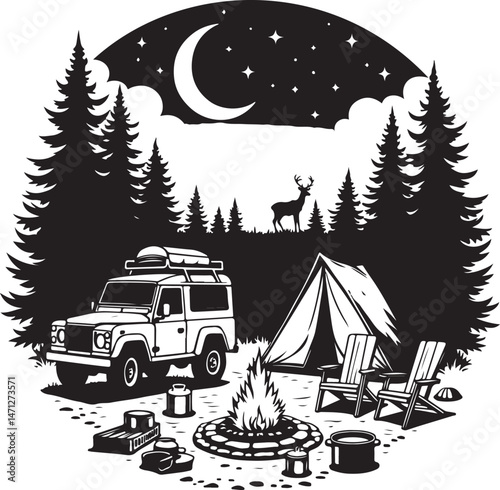 Tent Under the Stars Silhouette

Campfire Night Scene Vector

Family Camping Trip Silhouette Art

Forest Camping with Mountains Background

Adventure Camping Scene in Wilderness