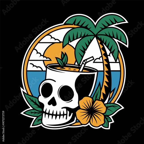 Tropical Skull Cocktail with Palm and Sunset Illustration