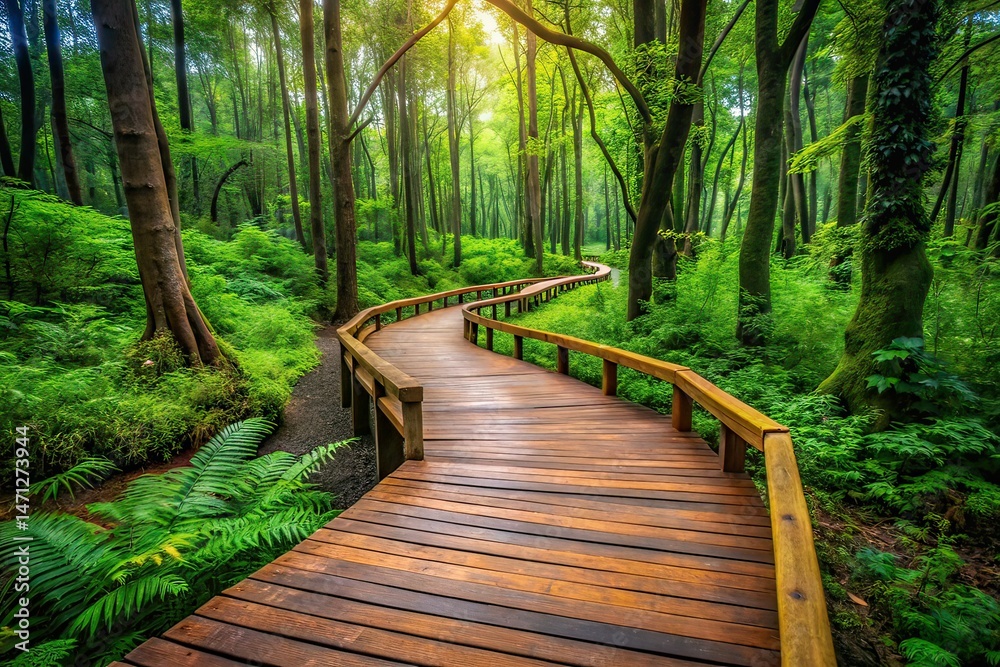 Fototapeta premium Wooden Forest Walkway - AI Photography, Natural Path, Tranquil Woods