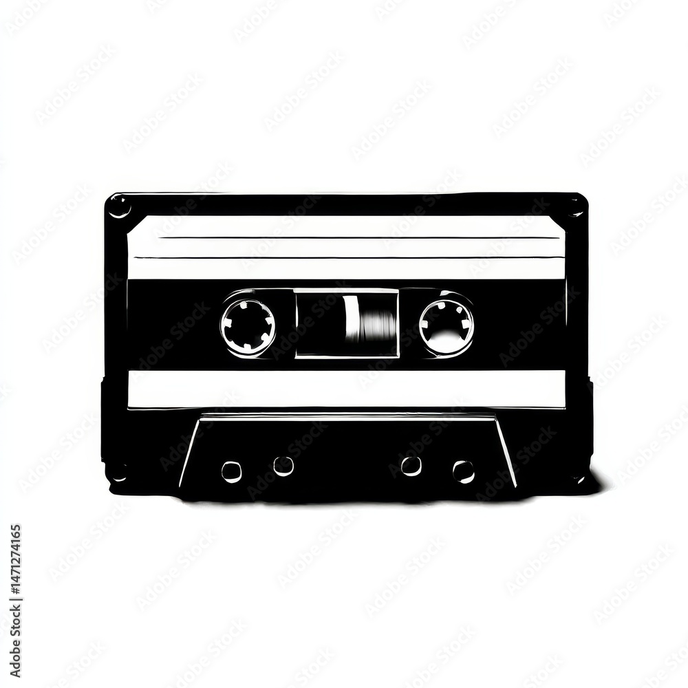 Obraz premium Black and White Cassette Tape: A Retro Audio Relic, Evoking Nostalgia for the Golden Age of Analog Music