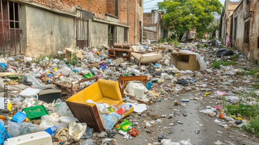 Obraz premium Urban Wasteland Filled with Debris and Household Trash in City Alley