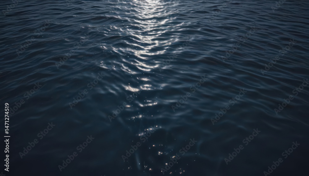 Naklejka premium Dark blue water surface, sunlight dappled above, aquatic plants, sun