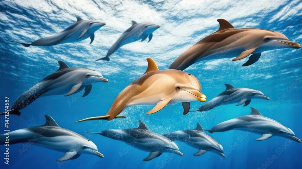Obraz premium Majestic Dolphins Swimming Gracefully in Clear Blue Ocean Waters