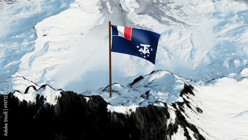 French Southern & Antarctic Territories flag on snowy peak 4K. Blue with French canton, TAAF monogram, 5 stars.

