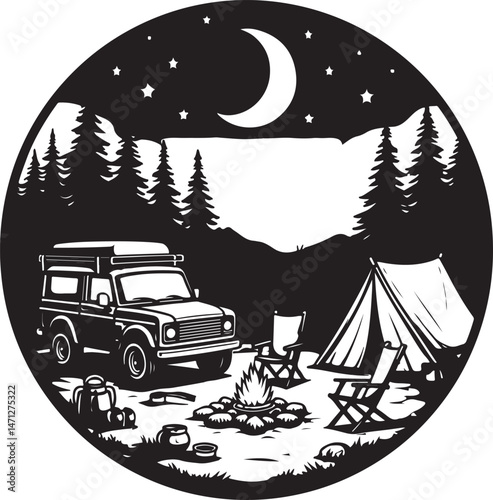 Tent Under the Stars Silhouette

Campfire Night Scene Vector

Family Camping Trip Silhouette Art

Forest Camping with Mountains Background

Adventure Camping Scene in Wilderness