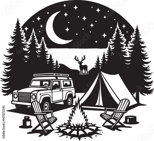 Tent Under the Stars Silhouette

Campfire Night Scene Vector

Family Camping Trip Silhouette Art

Forest Camping with Mountains Background

Adventure Camping Scene in Wilderness