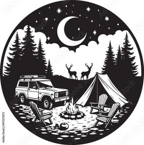 Tent Under the Stars Silhouette

Campfire Night Scene Vector

Family Camping Trip Silhouette Art

Forest Camping with Mountains Background

Adventure Camping Scene in Wilderness