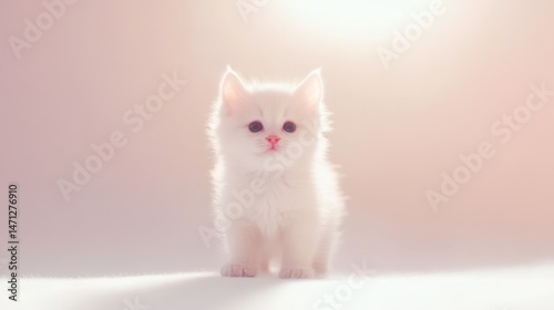 Fluffy white kitten, adorable feline with bright eyes, bathed in soft light, perfect for pet-themed designs or greetings.
