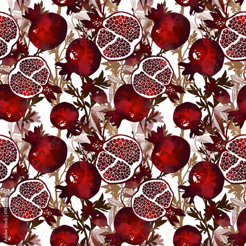 Watercolor pomegranate seamless pattern. Hand painted fruit motif with botanical elements. Endless design in natural style for textile, fabric, kitchen decor, wrapping paper, prints, and decoupage.