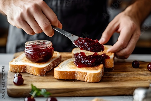 Crop Man Preparing Toasts with Cherry Jam for a Rustic Breakfast Delight in a Cozy Setting
