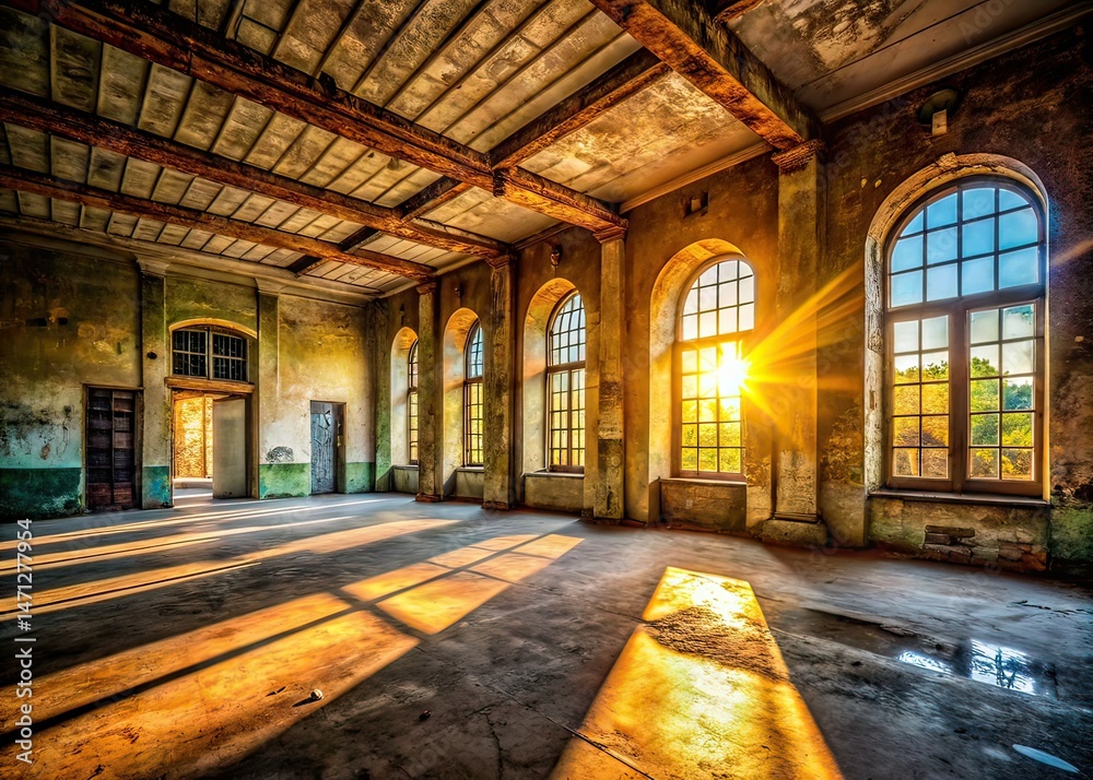 Fototapeta premium Empty Historic Building Interior - Sunlight & Shadows - AI Photo