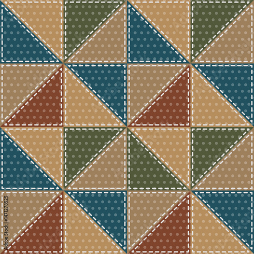 Patchwork quilt seamless pattern with stitched triangles and polka dots in earth tones for fabric, wallpaper, packaging and home decor
