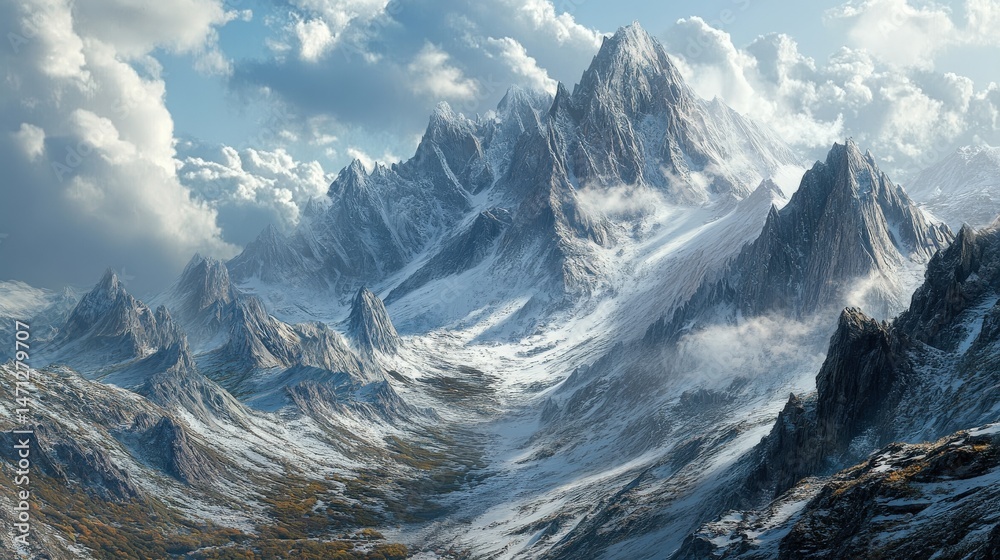 Obraz premium Majestic snow-capped mountain range landscape illustration.