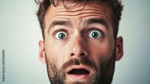 Man with a surprised expression on his face. He has a beard and his eyes are wide open
