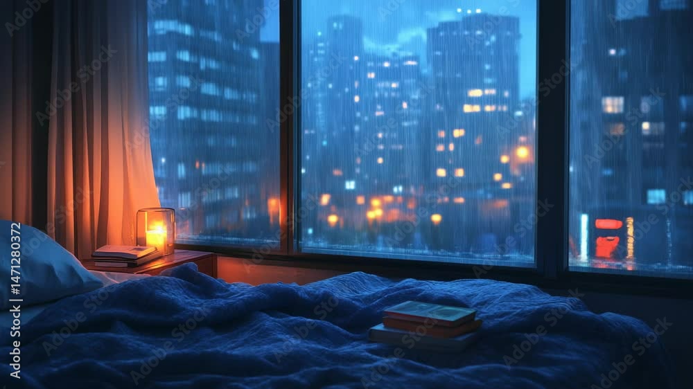 Cozy bedroom with candlelight and rainy cityscape through window symbolizing comfort relaxation melancholy and solitude