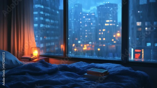 Cozy bedroom with candlelight and rainy cityscape through window symbolizing comfort relaxation melancholy and solitude