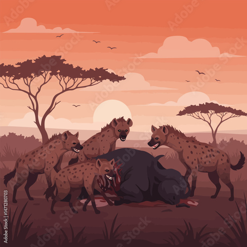 Hyena Pack Feeding on Prey in African Savannah at Sunset