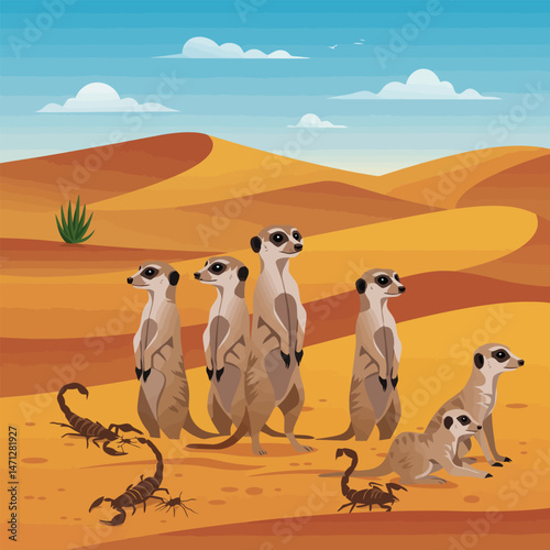 Meerkats Standing Guard in the Desert with Scorpions Around Them