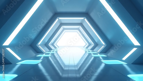 Futuristic Blue Corridor with Geometric Lighting and Reflective Surfaces photo
