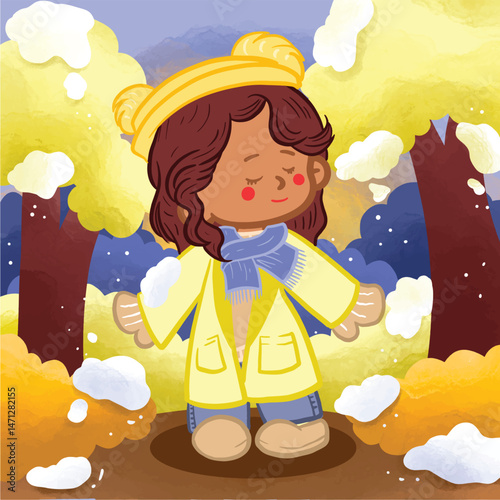 vector illustration of fashion girl using blue scarf and yellow hat in late winter