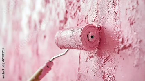 Close up of applying a second coat of pastel pink paint with a roller, the fresh coat adding to the smooth, clean surface, soft light accentuating the even coverage and minimalistic surroundings. photo