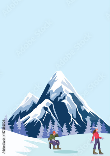 Vector Illustration of Man fishing and woman having fun with ice skater behind snowy mountain