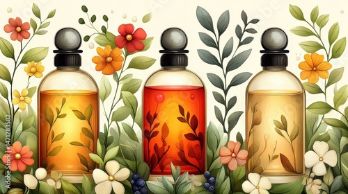 Three decorative bottles surrounded by colorful floral elements
