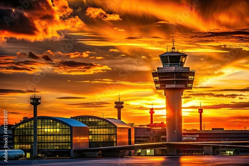 Frankfurt Airport Silhouette, Modern Architecture, Aerial View, AI Photo