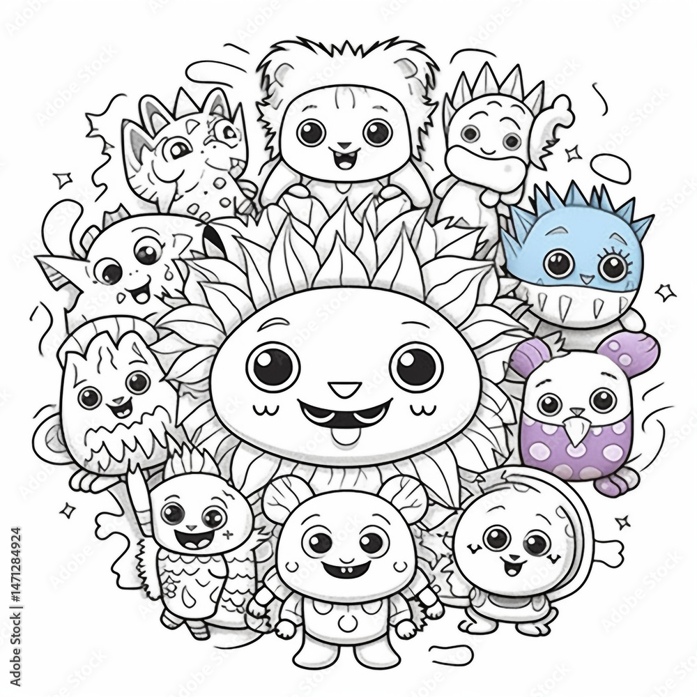 Fototapeta premium Cute Monster Friends Coloring Page: Adorable Characters, Fun Doodle Style, Black & White