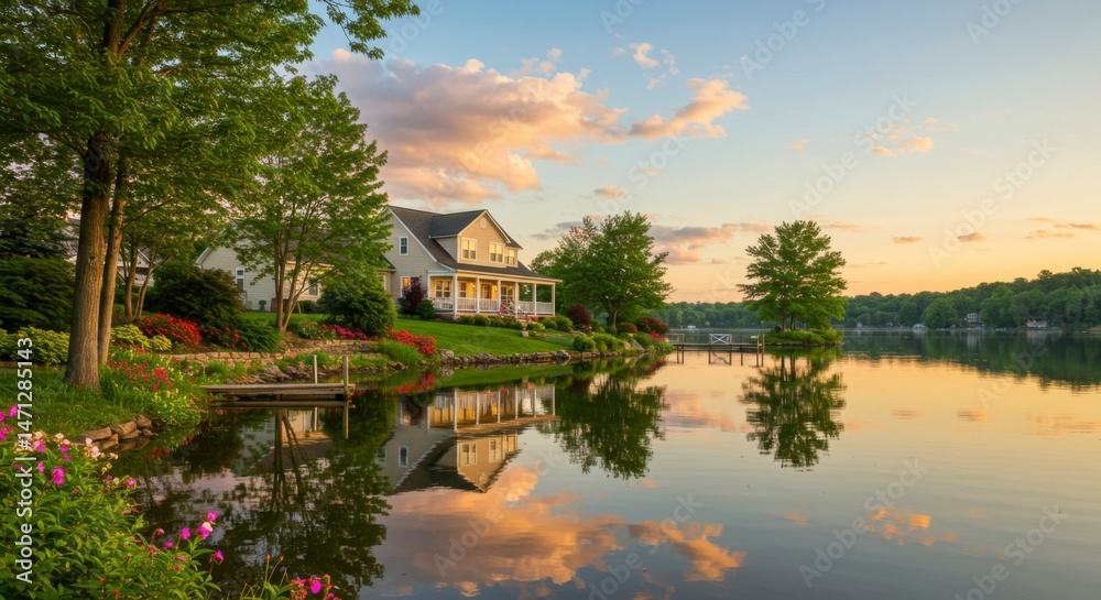 Obraz premium Lakeside home at sunset