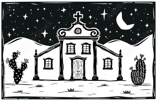 Typical country church, in a night landscape. With a starry sky, moon and cactus. Illustration in the style of woodcut, Brazilian cordel.