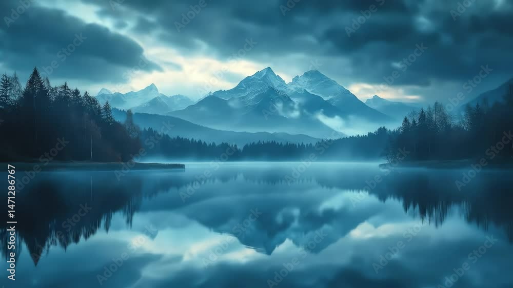 Tranquil mountain lake reflects cloudy skies