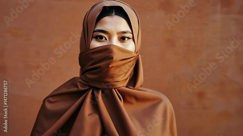 An oriental-looking woman with her face covered with a handkerchief. close-up. street background, brown wall
