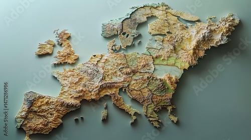 Detailed 3D Embossed Map of Europe Country Borders Topography and Terrain Relief photo