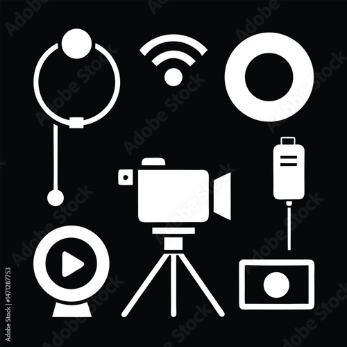 A vector icon set features a radio symbol alongside music, camera, and microphone icons for web and media design