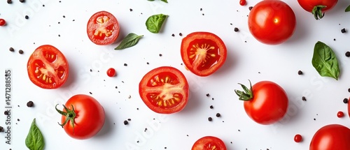 Fresh Tomatoes and Basil Leaves Flat Lay on White Background Food Photography Healthy Eating Ingredient