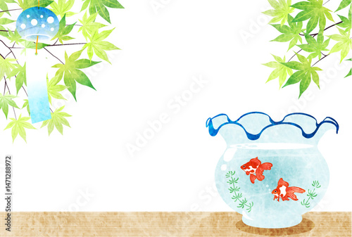 暑中見舞いはがき、金魚、かわいい、青紅葉、風鈴、イラスト、和風、横