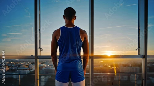 A man in a sports uniform stands at a large panoramic window and looks out at the city landscape