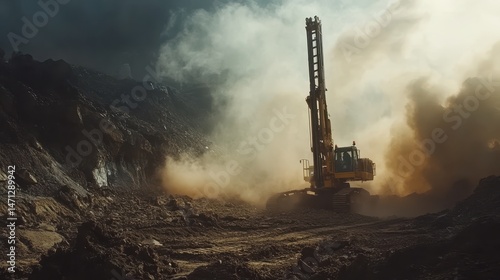Heavy Machinery Working in Dusty Quarry Landscape with Smoke Effects