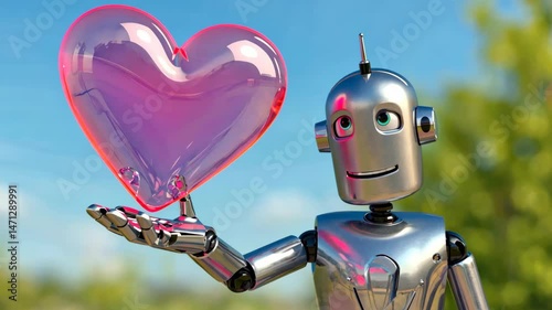 A cute iron robot holds a pink transparent heart in his hands. feelings, emotions, love