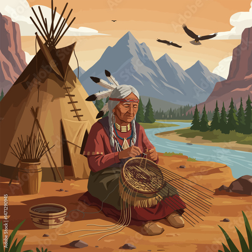 Native Woman Weaving Traditional Basket by Teepee in Mountain Landscape